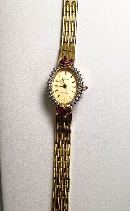 Vtg1960s Geneve Quartz Thailand Movement Gold Womens Oval Watch Rubies Hong Kong main image 8